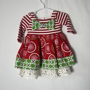 Counting Daisies 6-9M Girl Christmas Dress Red Stripe Green Lace Hem NO BLOOMERS
